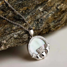 Load image into Gallery viewer, Sterling Silver Mother of Pearl Irish Claddagh Medallion Pendant with White Crystals