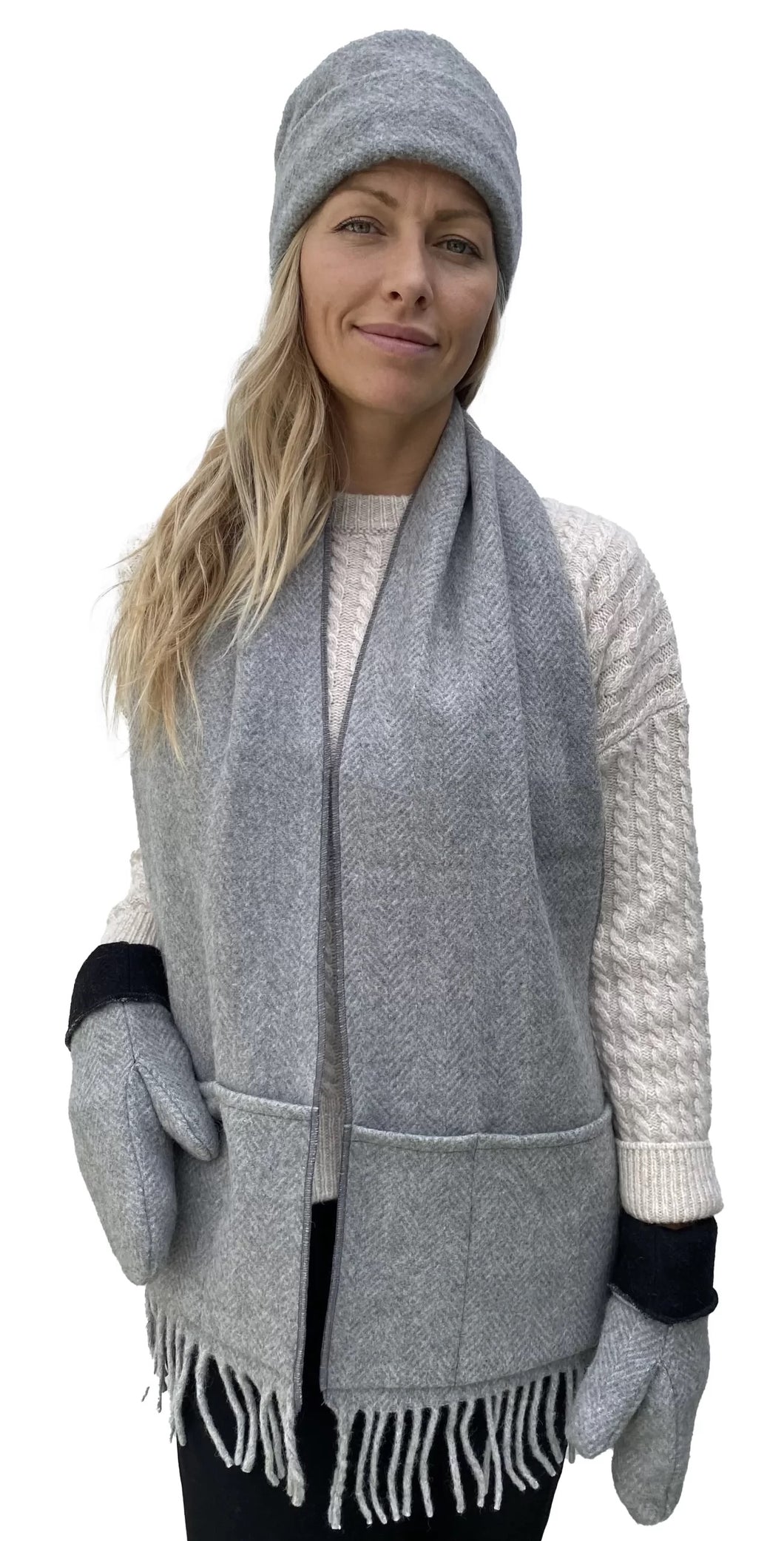 Lined Pocket Scarf – Grey Herringbone