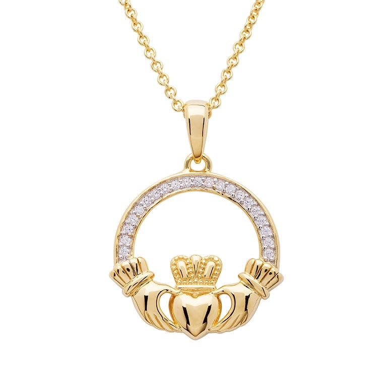 Shanore 14KT Gold Vermeil Large Claddagh Necklace Studded with White Cubic Zirconias