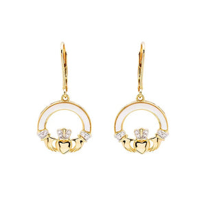 Shanore 14kt Gold Vermeil Mother of Pearl Claddagh Earrings with White Cubic Zirconia