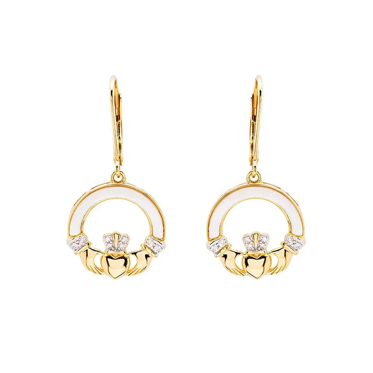 Shanore 14kt Gold Vermeil Mother of Pearl Claddagh Earrings with White Cubic Zirconia