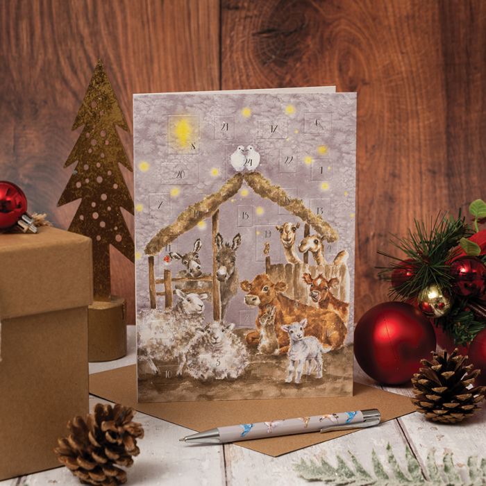 'Away in a Manger' farmyard advent calendar card