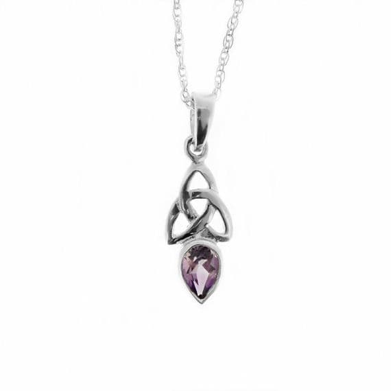 Celtic Trinity Knot Silver Pendant with Amethyst colour stone