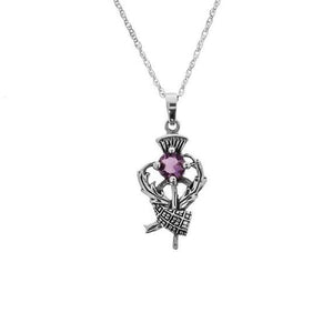 Scottish Thistle & Tartan Silver Pendant with Amethyst colour stone