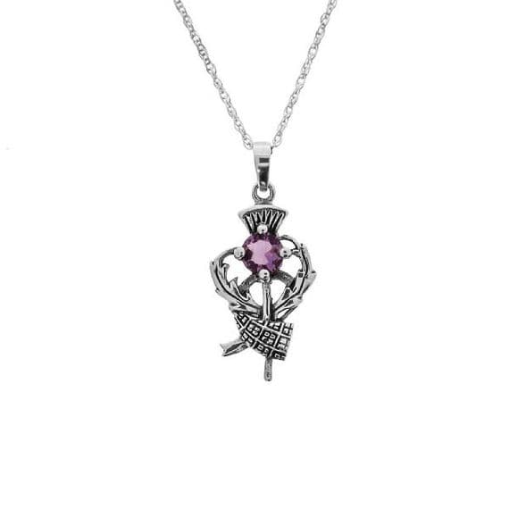 Scottish Thistle & Tartan Silver Pendant with Amethyst colour stone
