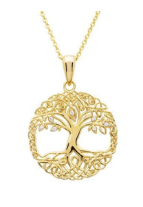 14KT Gold Vermeil Tree of Life Necklace with Cubic Zirconia