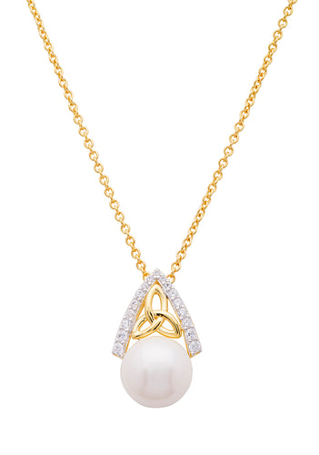 14KT Gold Vermeil Trinity Knot Pearl Pendant Studded with White Cubic Zirconia