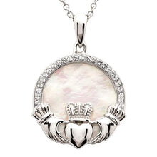Load image into Gallery viewer, Sterling Silver Mother of Pearl Irish Claddagh Medallion Pendant with White Crystals
