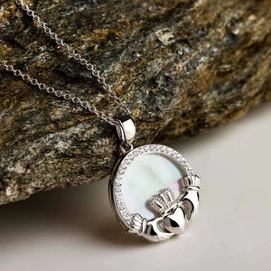 Sterling Silver Mother of Pearl Irish Claddagh Medallion Pendant with White Crystals
