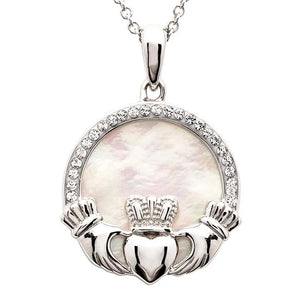 Sterling Silver Mother of Pearl Irish Claddagh Medallion Pendant with White Crystals
