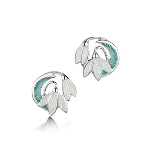 Snowdrop 2-flower Sterling Silver Stud Earrings in Leaf Enamel