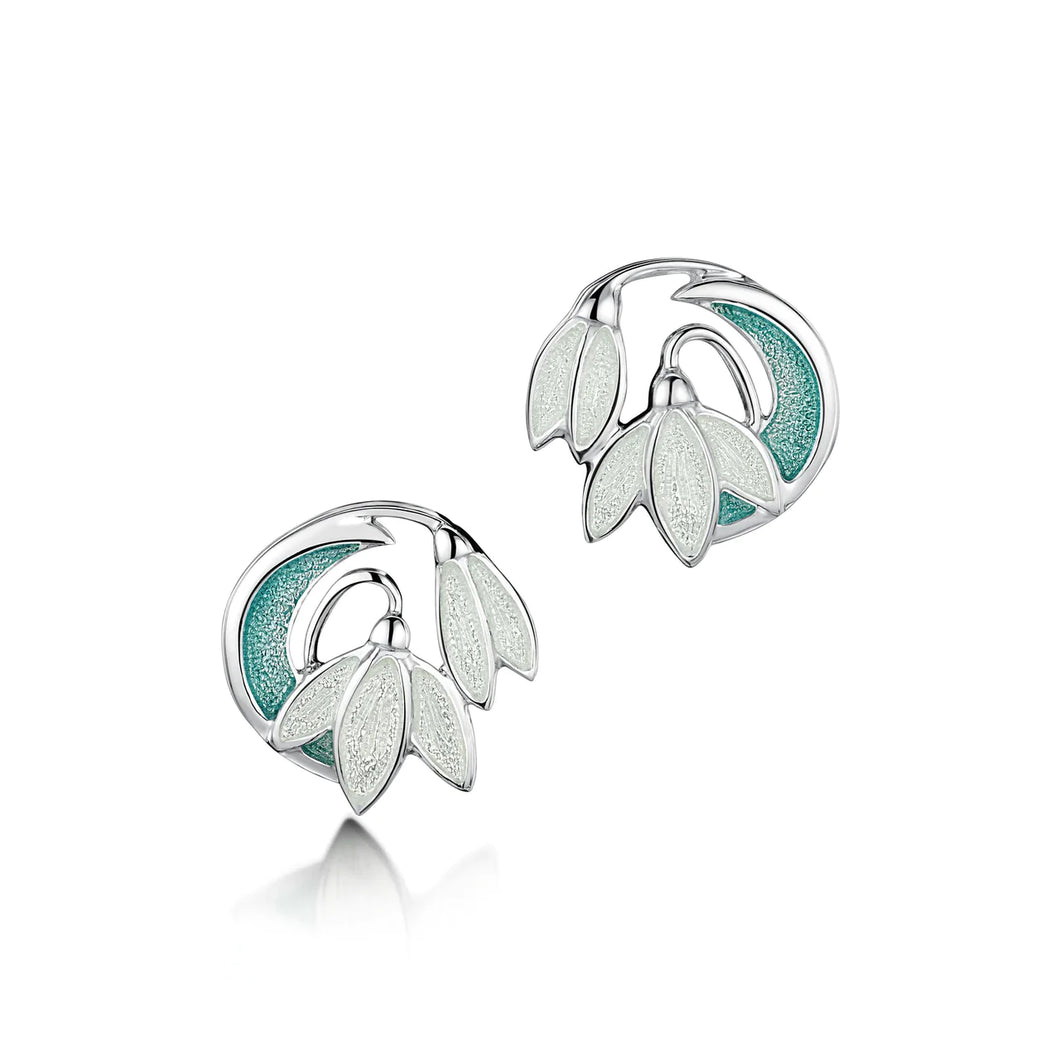 Snowdrop 2-flower Sterling Silver Stud Earrings in Leaf Enamel