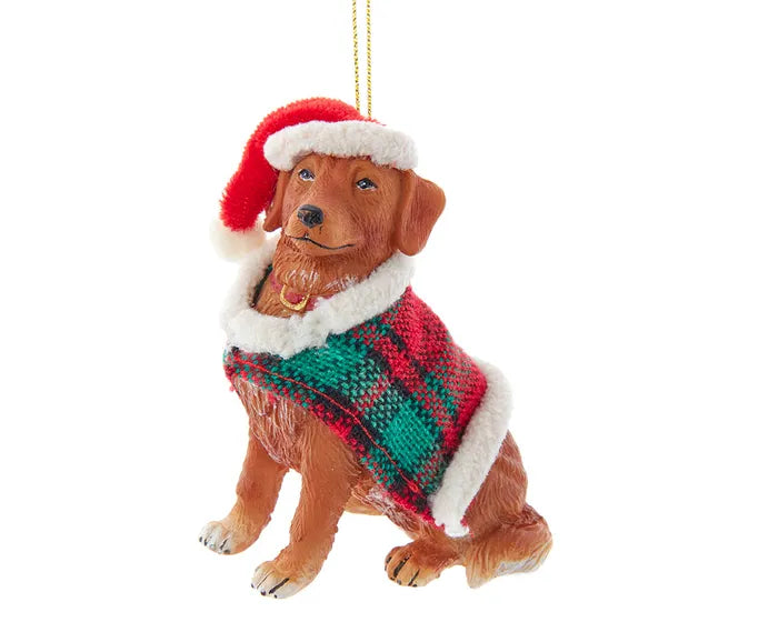 Golden Retriever With Plaid Coat and Santa Hat Ornament