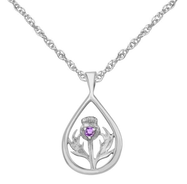 Scottish Thistle Silver Teardrop Pendant with Amethyst colour stone