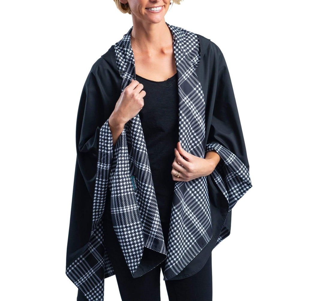 Black & White Houndstooth Plaid Reversible Travel Cape