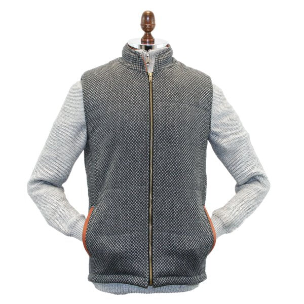 Griffin Dark Grey with Light Grey Diamond Pattern Tweed Body Warmer with Leather Trims